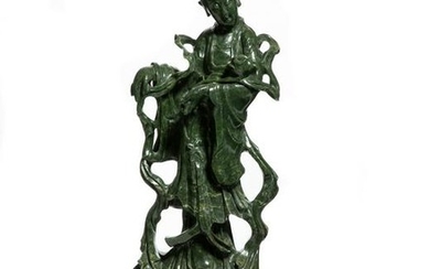 A large Chinese green hardstone figure of Guanyin