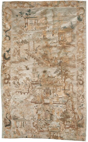A large embroidered silk panel, Qing dynasty, circa 1800.