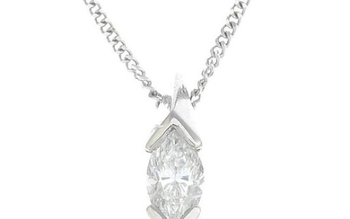 A marquise-shape diamond pendant, suspended from a