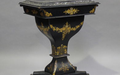 A mid-Victorian papier-mâché work table, the hinged top inlaid in mother-of-pearl, the bas