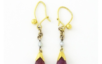 A pair of 9ct gold drop earrings set with seed pearls and sa...