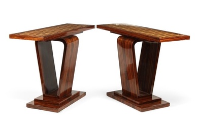 A pair of Art Deco style inlaid console tables