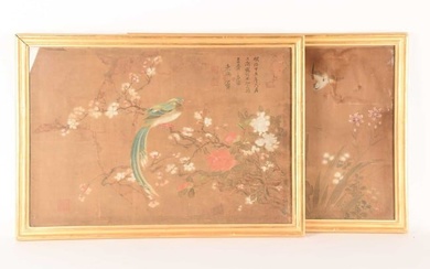 A pair of Chinese silkscreen paintings depicting similar 55.5 78.5 scenes of birds playing amongst s