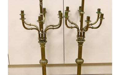 A pair of French brass altar six branch candelabra, 82cm hig...