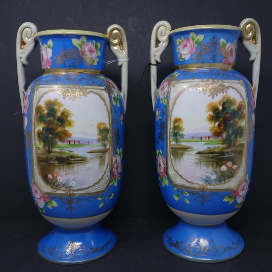 A pair of Japanese Noritake hand painted porcelain vases, H....