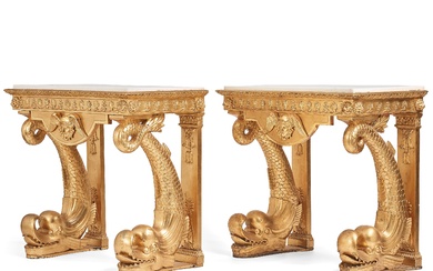 A pair of Swedish Empire carved and giltwood console tables, first half of the 19th century.