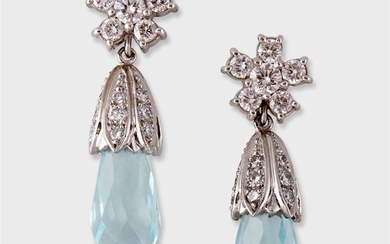 A pair of aquamarine and diamond drop earrings designed...