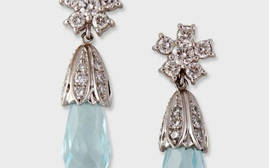 A pair of aquamarine and diamond drop earrings