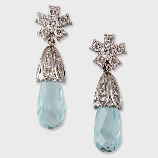 A pair of aquamarine and diamond drop earrings