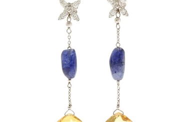 A pair of citrine, sapphire and diamond ear pendants each set with a citrine, a sapphire and numerous diamonds, mounted in 18k white gold. L. app. 6.9 cm. (2)