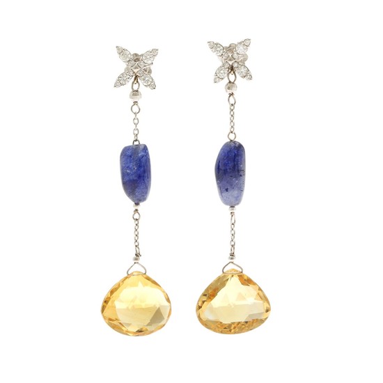 A pair of citrine, sapphire and diamond ear pendants each set with a citrine, a sapphire and numerous diamonds, mounted in 18k white gold. L. app. 6.9 cm. (2)