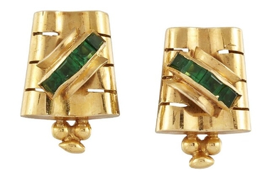 A pair of green glass earrings, the tapered pierced undulating...