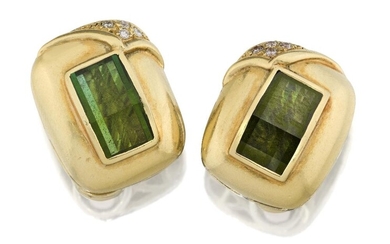 A pair of green tourmaline and diamond ear clips, each designed with a rounded, faceted rectangular tourmaline in collet setting to a rounded rectangular mount pave-set at one corner with brilliant-cut diamonds, unmarked, approx. length 2.1cm