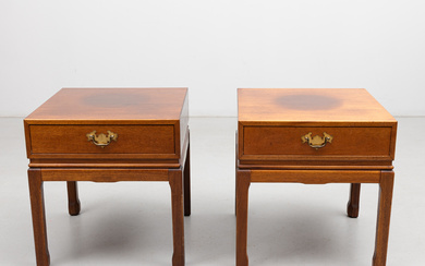 A pair of mahogany English style bedside tables, late 20th century.