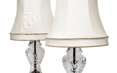 A pair of modern moulded glass table lamps, with silk shades, 33cm high excluding shades (2) It is the buyer's responsibility to ensure that electrical items are professionally rewired for use.