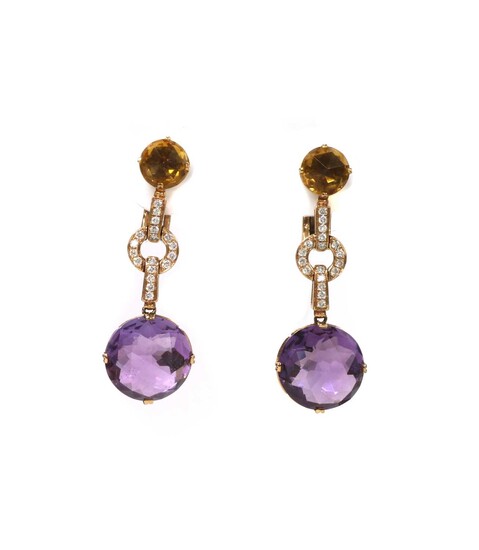 A pair of rose gold amethyst, citrine and diamond drop earrings