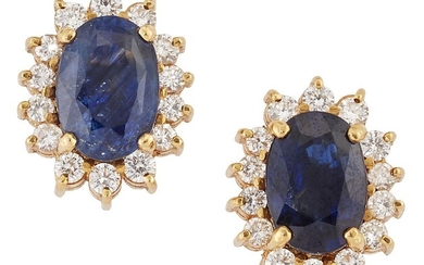 A pair of sapphire and diamond cluster earstuds, each claw-set oval sapphire with brilliant-cut diamond surround, height 1.2cm