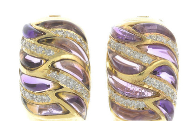 A pair of vari-shape amethyst and circular-cut diamond earrings.