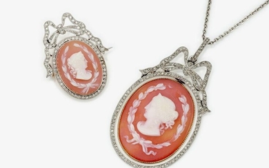 A pendant and brooch with carnelian layer gemstone and