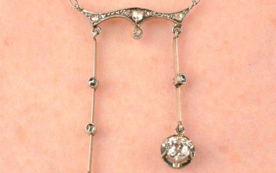 A rose-cut diamond pendant, with old-cut diamond terminals, suspended from a figaro-link chain.