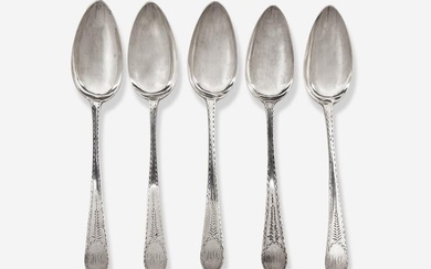 A set of five silver tablespoons, Thomas Shields (1743-1819), Philadelphia, PA, and other, circa