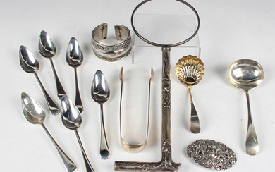 A set of six George V silver grapefruit spoons, Birmingham 1934, a pair of George IV silver sugar to