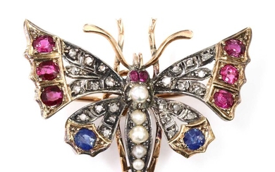 A split pearl ruby, sapphire and diamond butterfly brooch, c.1900