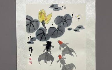 A vertical scroll of Chinese ink paintings of flowers on paper, by Wu Zuoren