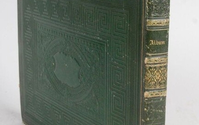 ALBUM AMICORUM. 1 vol. in-4 oblong period green calf, spine ribbed and flat decorated with a romantic cold-pressed decoration, gold edges (rubbed caps and corners, inner hinges split). format 21,5 x 28 cm. Album amicorum by Madame Arsène Lemoine...