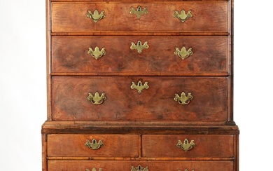 AN 18TH CENTURY FIGURED WALNUT CHEST ON STAND the...