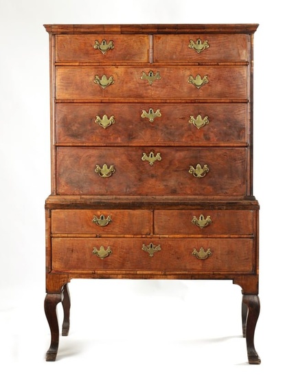 AN 18TH CENTURY FIGURED WALNUT CHEST ON STAND