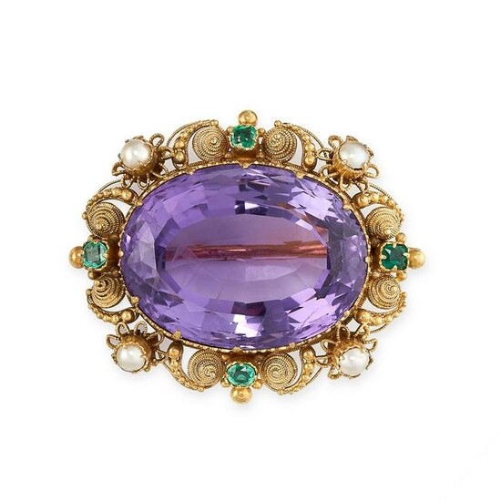 AN ANTIQUE AMETHYST, EMERALD AND PEARL CANNETILLE