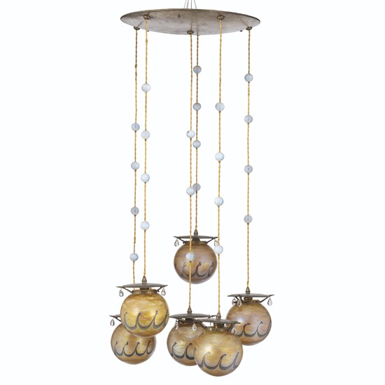AN AUSTIAN PATINATED-BRASS AND DECORATED GLASS CHANDELIER