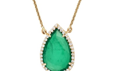 AN EMERALD AND DIAMOND PENDANT NECKLACE the pendant set with a pear cut emerald of 7.76 carats in a