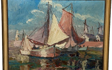 AN OIL ON CANVAS IMPASTO PAINTING DEPICTING SAILBOATS IN...