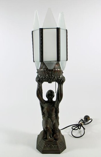 ANTIQUE ART DECO WOMAN HOLDING URN LAMP