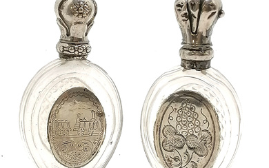 ANTIQUE SILVER MOUNTED SCENT BOTTLE WITH EARLY RAILWAY TRAIN DETAIL + ANOTHER.