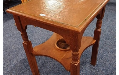 ARTS & CRAFTS STYLE OAK TABLE WITH COPPER PANEL TOP ON SQUAR...