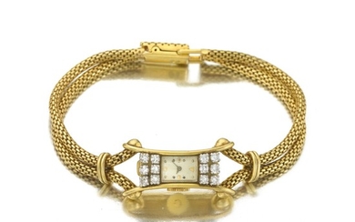 AUDEMARS PIGUET | A YELLOW GOLD AND DIAMOND-SET RECTANGULAR BRACELET WATCH, CIRCA 1950 | 愛彼 | 黃金鑲鑽石鍊帶腕錶，年份約1950