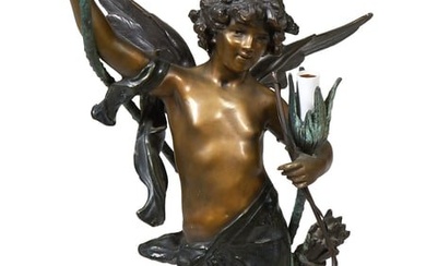 After Auguste Moreau (French, 1834-1917), "Cupid," Art Nouveau Patinated Bronze Newel Post Lamp, ca.