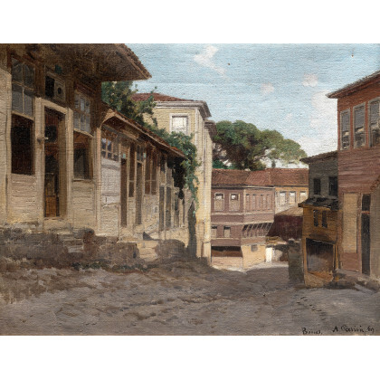 Alberto Pasini ( Busseto 1826 - Cavoretto 1899 ) , "Via a Beicos (Beykoz, Costantinopoli)" '69 olio su tela (cm 31x39) Firmato, locato e datato in basso a destra Al...