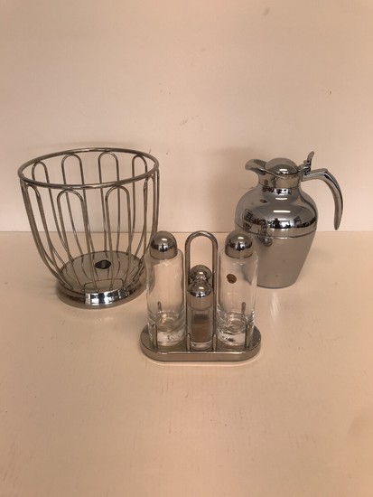 Alessi, Alfi: Alessi steel fruit bowl and spice and oil/vinegar set, and an Alfi thermos. (3)