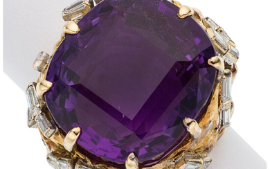 Amethyst, Diamond, Gold Ring The ring features a cushion-shaped...