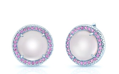 Amethyst Mother Of Pearl And Pink Sapphire Cabochon Hinged Back Earrings In 14k White Gold