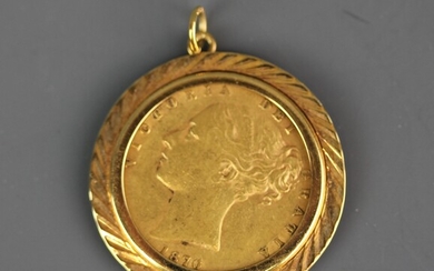 An 1870 gold sovereign in a yellow metal (tested minimum 9ct gold) mount.