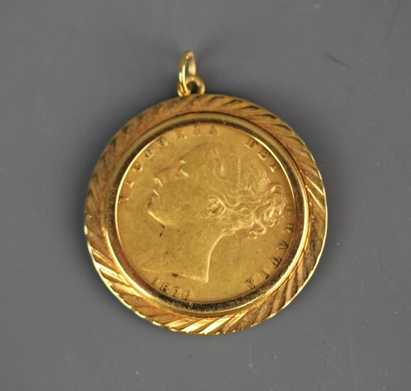 An 1870 gold sovereign in a yellow metal (tested minimum 9ct gold) mount.