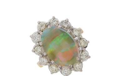 An 18ct gold opal cabochon and brilliant-cut diamond cluster...
