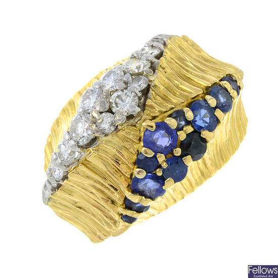 An 18ct gold sapphire and brilliant-cut diamond textured ring, by Kutchinsky.