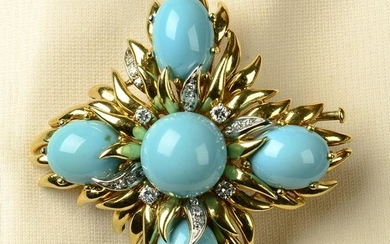 An 18ct gold turquoise and diamond floral pendant.May