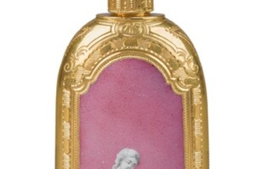 An Austrian gold-mounted enamelled scent bottle, c.1770/80, the enamel signed Schindler Wien for Philipp Ernst Schindler II (1723-1793), the front and back painted en grisaille on pink ground with peasant families at domestic pastimes in the manner...